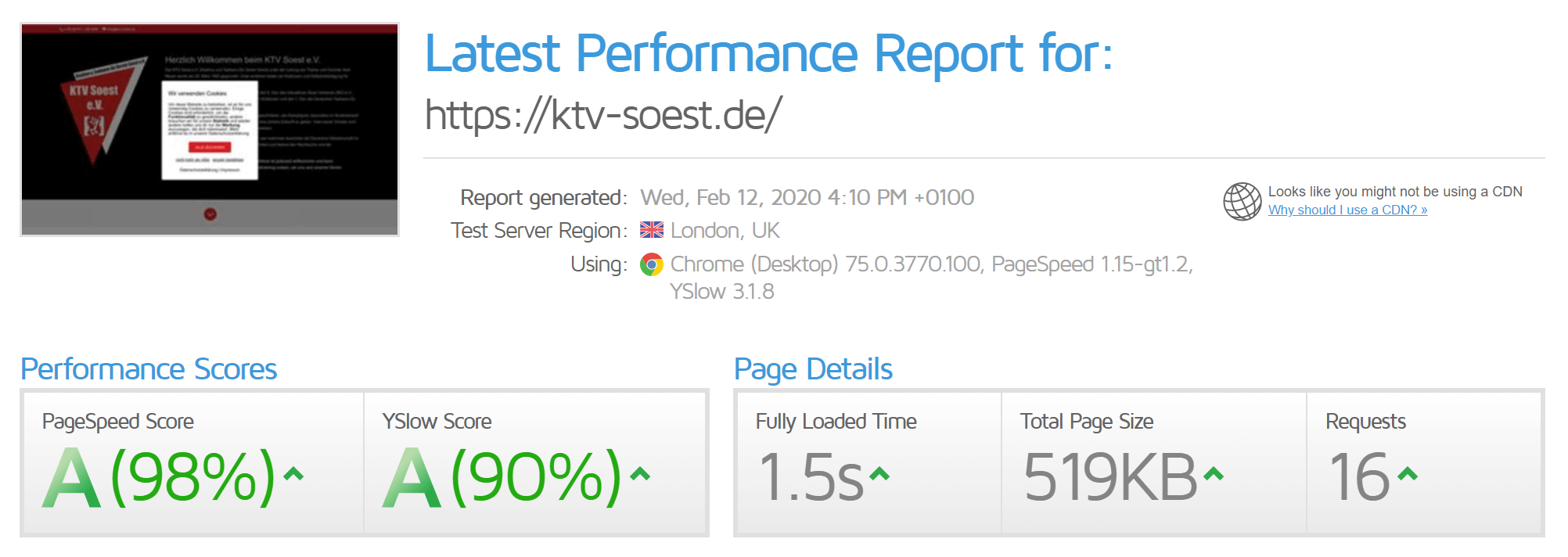 GTMetrix Ergebnisse der Webseite des KTV Soest