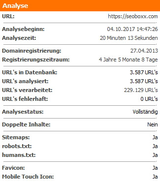 Analyse Zusammenfassung des WebsiteAnalyser Dashboards
