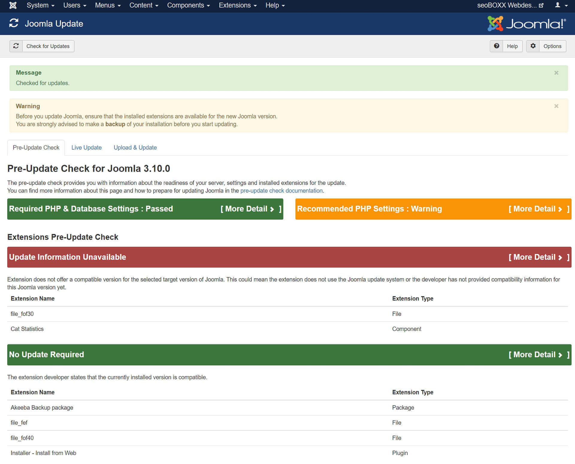PreCheck der Joomla Version 3.10 für das Update auf Joomla 4
