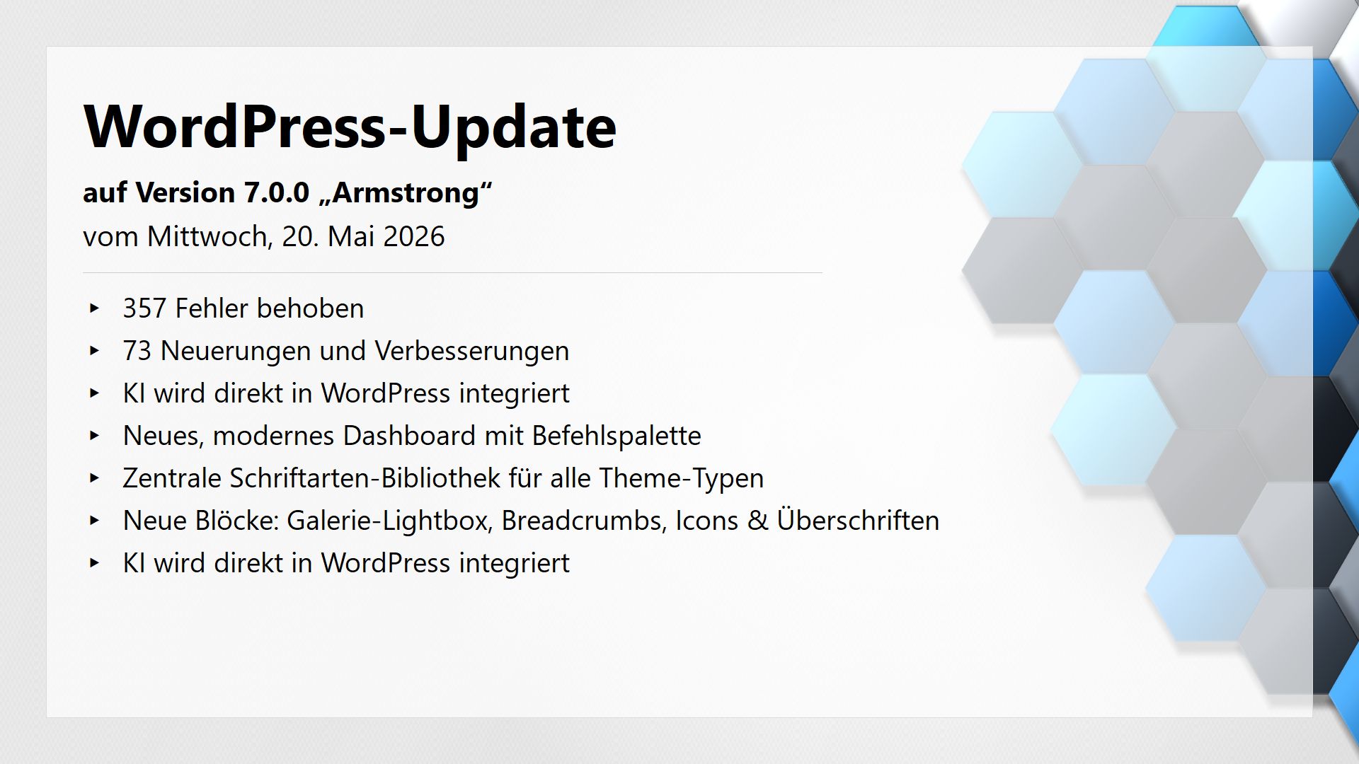 WordPress-Update auf Version 7.0 - Armstrong - am 20 Mai 2026 erschienen