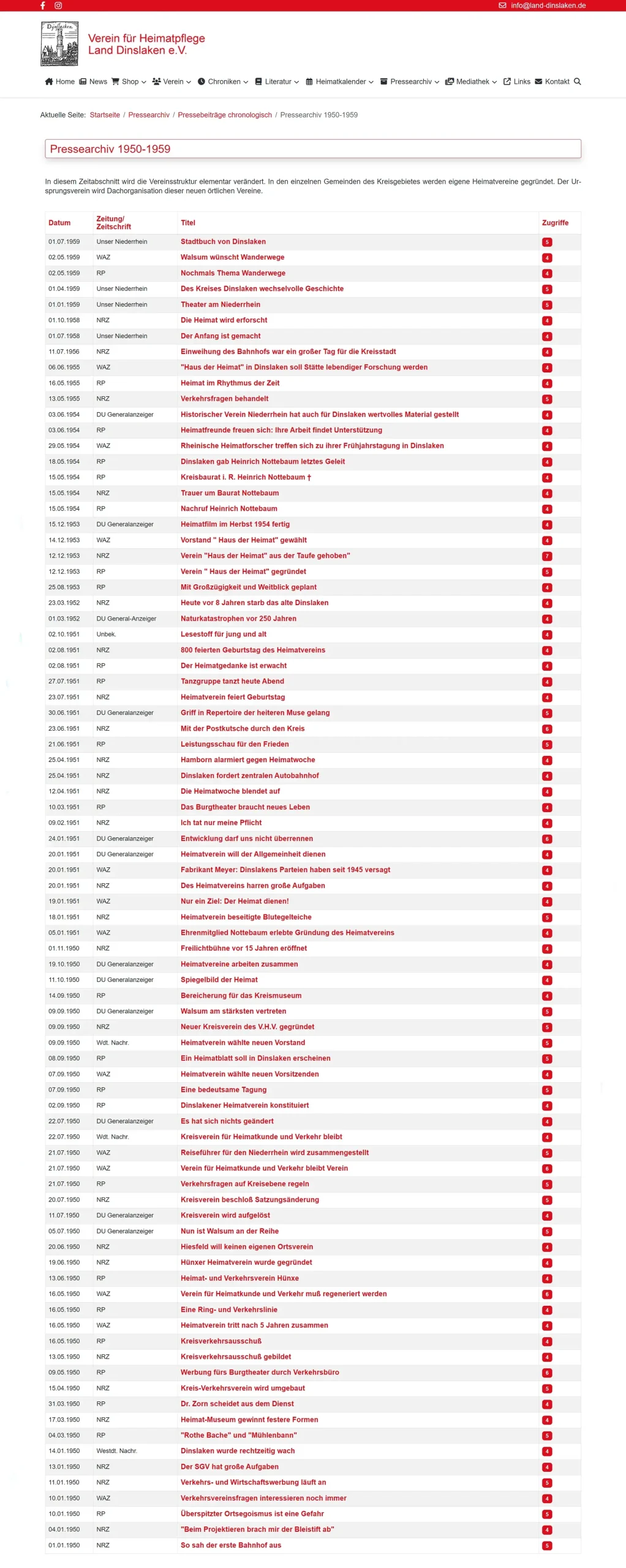 Verein für Heimatpflege Land Dinslaken e.V. - Website 2023 - Pressearchiv 1950-1959