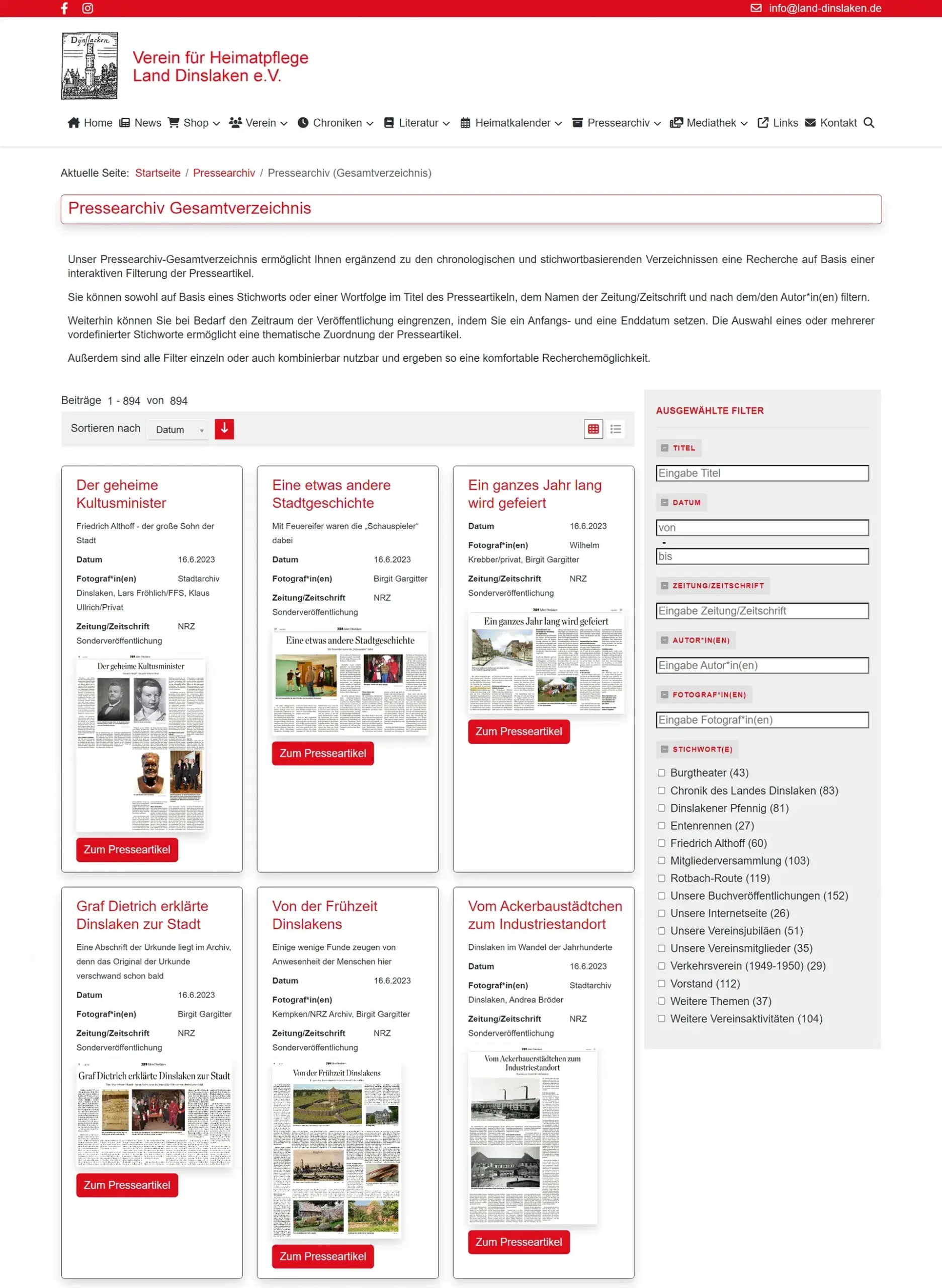 Verein für Heimatpflege Land Dinslaken e.V. - Website 2023 - Pressearchiv Gesamtverzeichnis