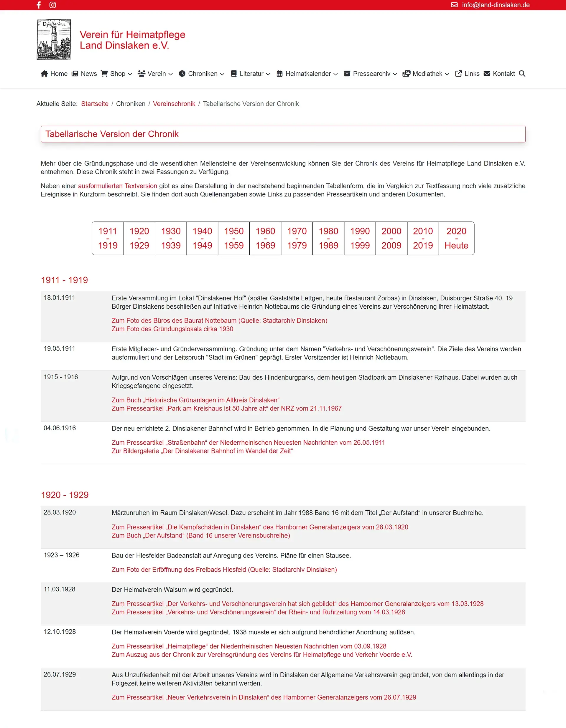 Verein für Heimatpflege Land Dinslaken e.V. - Website 2023 - Tabellarische Chronik des Vereins